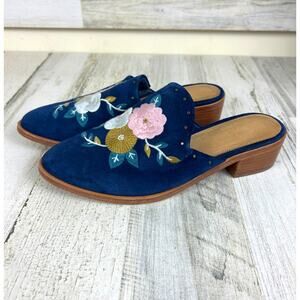 Soludos by Anthropologie Women’s 8.5 Blue Suede Floral Embroidered Slip-On Flats